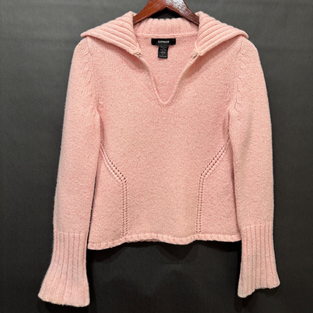 Express Pink Merino Wool Angora Blend V-Neck Collared Fitted Sweater Large